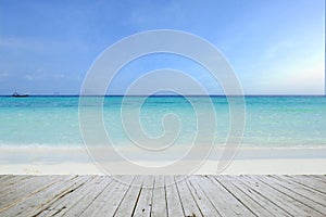 Top of wood table with sea and sky background- Empty ready for your product display montage. Concept of beach in summer