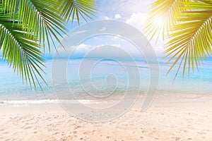 Top of wood table with seascape and palm leaves, blur bokeh light of calm sea and sky at tropical beach background.blurred blue