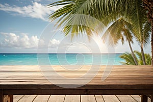 Top of wood table with seascape and palm leaves, blur bokeh light of calm sea and sky at tropical beach background. Empty ready fo