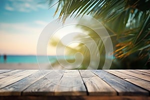 Top of wood table with seascape and palm leaves, tropical beach background