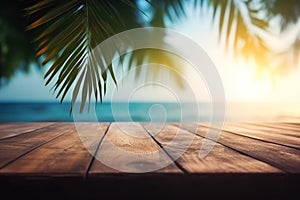 Top of wood table with seascape and palm leaves, tropical beach background