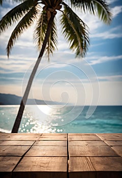 Top of wood table with seascape and palm tree, blur bokeh light of calm sea and sky at tropical beach background