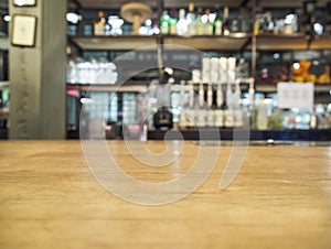 Top of wooden counter with Bar Blurred Background
