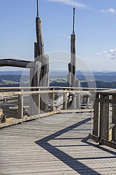 Top of wooden observation tower located at the top of the Slotwiny Arena ski station, leading in the treetops, Krynica Zdroj,