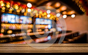 Top of Wooden table with Blurred Bar Interior Chinese new year restoran background.