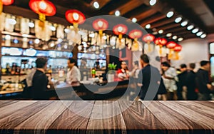 Top of Wooden table with Blurred Bar Interior Chinese new year restoran background.