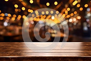 Top of Wooden table with Blurred Bar Interior restaurant background