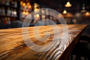 Top of Wooden table with Blurred Bar Interior restaurant background