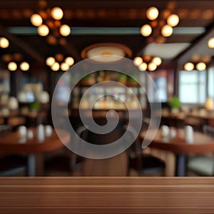 Top of Wooden table with Blurred Bar Interior restaurant background.