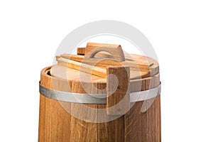 Top of a wooden tub for pickles of vegetables, isolated on white