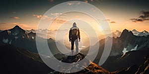On Top of the World Hiker Achieving Mountain Summit. Generative AI