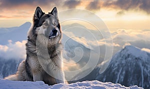 On Top of the World Photo of Norwegian elkhound poised atop snow-covered mountain peak surrounded by mist & low-hanging clouds