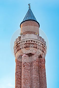 Top of Yivli Minare Camii Fluted Minaret Mosque in historic center in Antalya