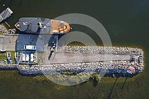 Topdown photo above old steamer in harbour