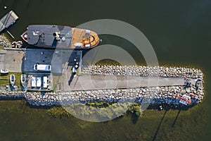 Topdown photo above old steamer in harbour photo