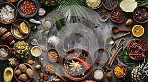 A topdown shot of a table full of various tropical ingredients and utensils arranged in an organized and aesthetically photo