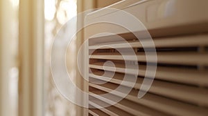 A topdown view of a beige panel heater highlighting its slim design and evenly spaced horizontal lines on the front photo