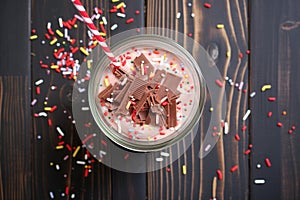 topdown view of a chocolate milkshake with sprinkles and cherry