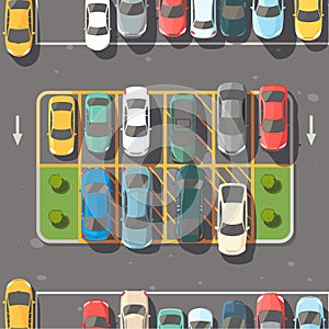 Topdown view colorful parked cars parking lot, outdoor parking spaces, driving lanes. Birdseye photo