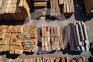 topdown view of organized wood stacks at an outdoor lumberyard