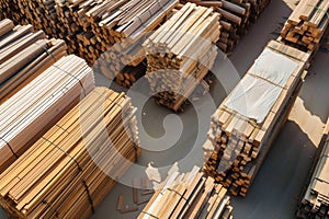 topdown view of organized wood stacks at an outdoor lumberyard