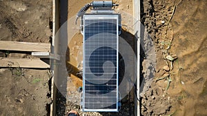 A topdown view of a solarpowered water pump attached to a solar water heater. The pump is efficiently transferring warm