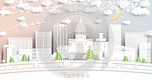 Topeka Kansas USA City Skyline in Paper Cut Style with Snowflakes, Moon and Neon Garland
