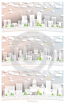 Topeka, Wichita Kansas and Sacramento California USA City Skyline Set