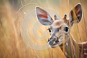 topi calf hiding in tall savannah grasses