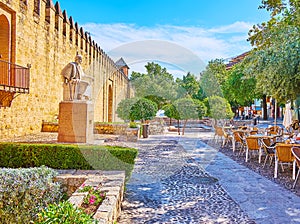 The topiary park and outdoor cafe at the Averroes statue, Cordoba, Spain