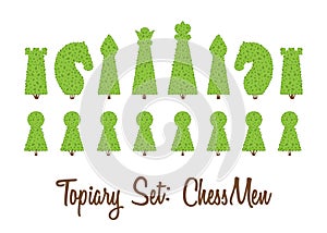 Topiary set of all chessmen shapes of bushes and trees: king, queen, pawn, bishop, rook, knight photo