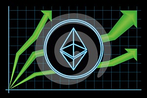 Ethereum-Green arrows going up on a statistics chart