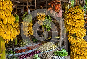 Topical market with variety fruit as bananas, papaya