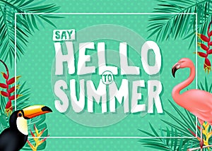 Topical Summer Banner Design with Say Hello to Summer Message in Green Color with Polka Dots Patterned Background