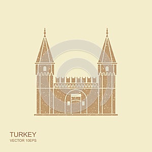Topkapi Palace, Gate of Salutation, Istanbul, Turkey. Flat illustration with scuffed effect