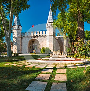 Topkapi palace gate towers and wall in Istanbul