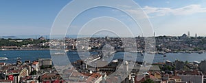 Topkapi Palace, Hagia Sophia, Blue Mosque and the Golden Horn, as seen from Galata in Istanbul, Turkey