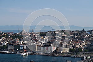 Topkapi Palace, Hagia Sophia, Blue Mosque and the Golden Horn, as seen from Galata in Istanbul, Turkey