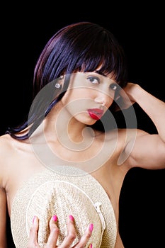 Topless Attractive African American Woman Hat Over Breasts