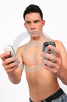 Topless male on his phone