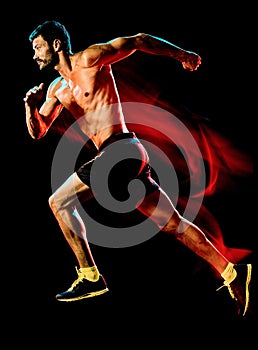 Topless muscular man runner. running jogger jogging isolated black background