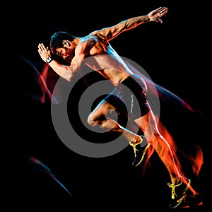 Topless muscular man runner. running jogger jogging isolated black background