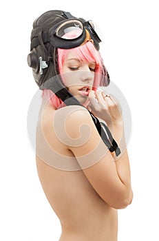 Topless pink hair girl in aviator helmet