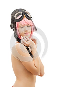 Topless pink hair girl in aviator helmet