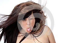 Topless woman tongue out