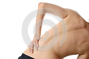 A topless woman use hand touch on her back pain isolated on whit