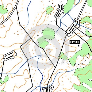 Topographic Map Background Concept With Roads, Forests, Settlements, Relief Contours. Cartography Vector Graphic