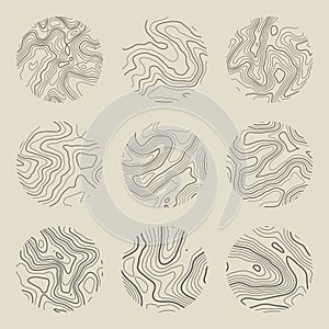 Topographic map with contour lines. Geographic terrain grid, relief height elevation. Ground path pattern. Travel and