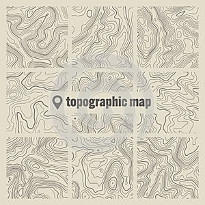 Topographic map with contour lines. Geographic terrain grid, relief height elevation. Ground path pattern. Travel and