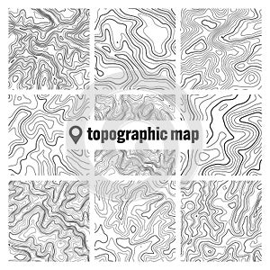 Topographic map with contour lines. Geographic terrain grid, relief height elevation. Ground path pattern. Travel and